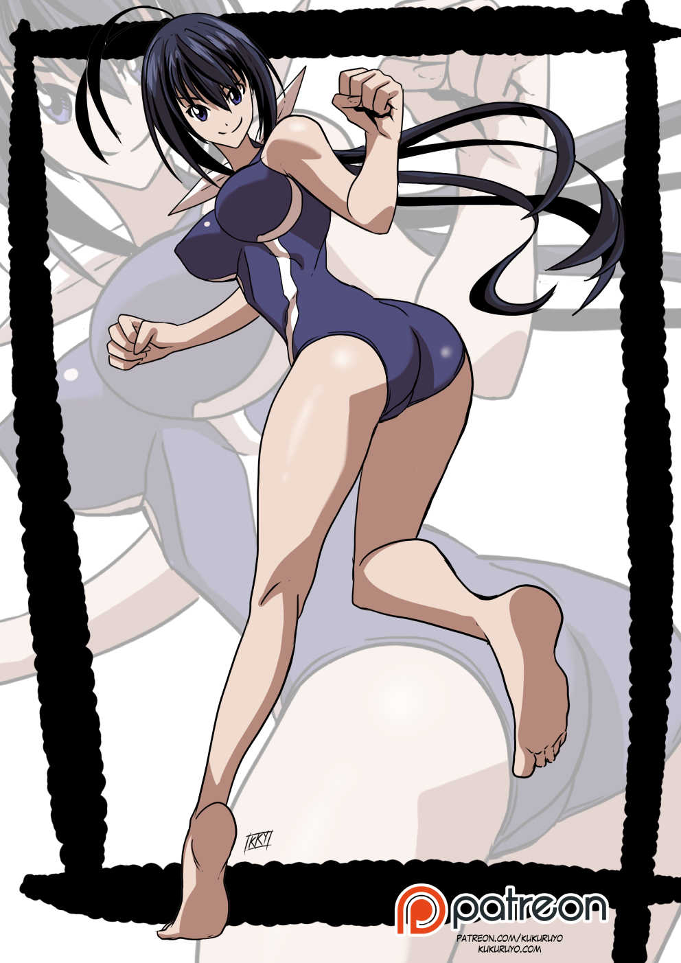 1girl antenna_hair ass bad_anatomy black_hair blue_eyes breasts clenched_hands competition_swimsuit covered_nipples full_body highres kaminashi_nozomi keijo!!!!!!!! kukuruyo large_breasts long_hair one-piece_swimsuit patreon patreon_username signature skin_tight smile soles solo swimsuit twisted_torso very_long_hair zoom_layer