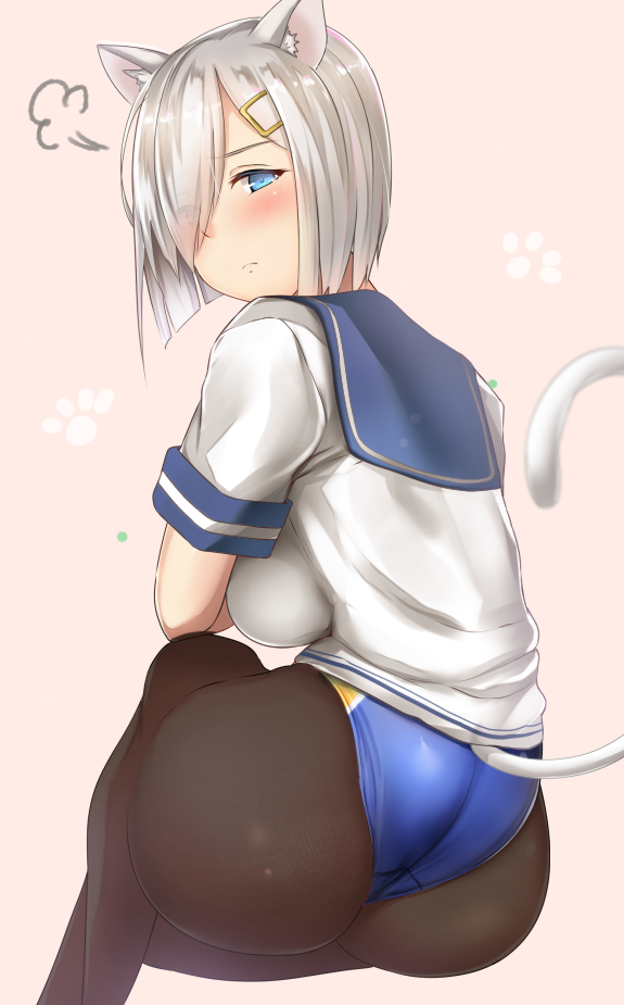 1girl animal_ears ass blue_eyes blush body_blush breasts cat_ears cat_tail closed_mouth commentary_request competition_swimsuit from_behind hair_ornament hair_over_one_eye hairclip hamakaze_(kantai_collection) kantai_collection large_breasts looking_at_viewer looking_back one-piece_swimsuit pantyhose pantyhose_under_swimsuit school_uniform shiny shiny_clothes shiny_hair shiny_skin sideboob silver_hair simple_background sitting solo swimsuit swimsuit_under_clothes tail untsue