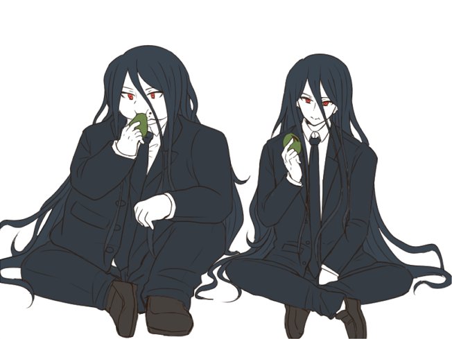 2boys black_hair dangan_ronpa eating fat food food_on_face formal indian_style jonet kamukura_izuru kamukura_izuru_(cosplay) long_hair male_focus multiple_boys red_eyes simple_background sitting spoilers suit super_dangan_ronpa_2 togami_byakuya_(super_dangan_ronpa_2) very_long_hair white_background