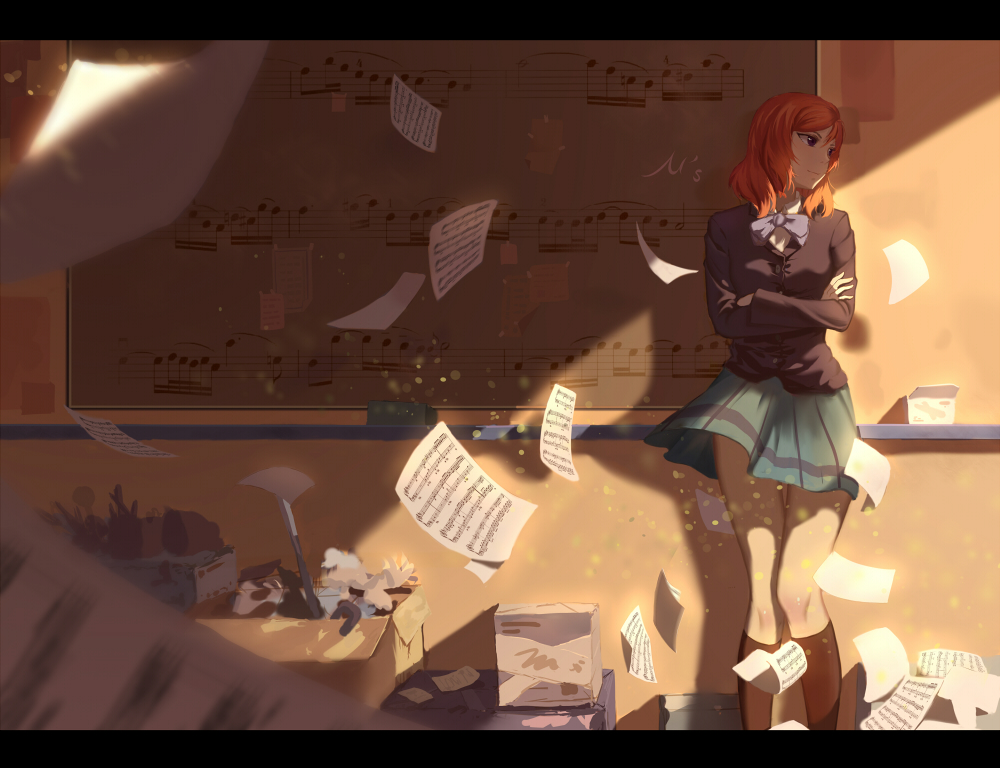 1girl against_wall black_legwear blurry bow bowtie box cardboard_box cardigan chalkboard collared_shirt crossed_arms depth_of_field flying_paper green_skirt indoors kevin_(tiancaimland) kneehighs lavender_bow lavender_bowtie letterboxed looking_away love_live! love_live!_school_idol_project musical_note nishikino_maki number paper pleated_skirt quaver redhead school_uniform sheet_music shirt skirt sleeves_past_wrists solo standing violet_eyes wing_collar