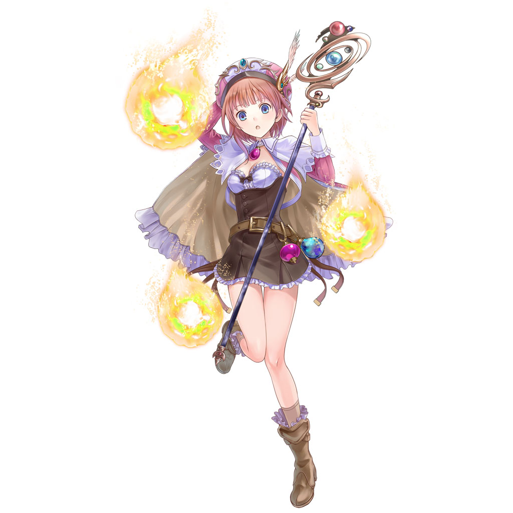 1girl atelier_(series) atelier_rorona atelier_totori blue_eyes boots brown_dress cape capelet dress flower frills full_body hat kishida_mel long_sleeves pink_hair ribbon rororina_fryxell simple_background skirt smile solo staff white_background