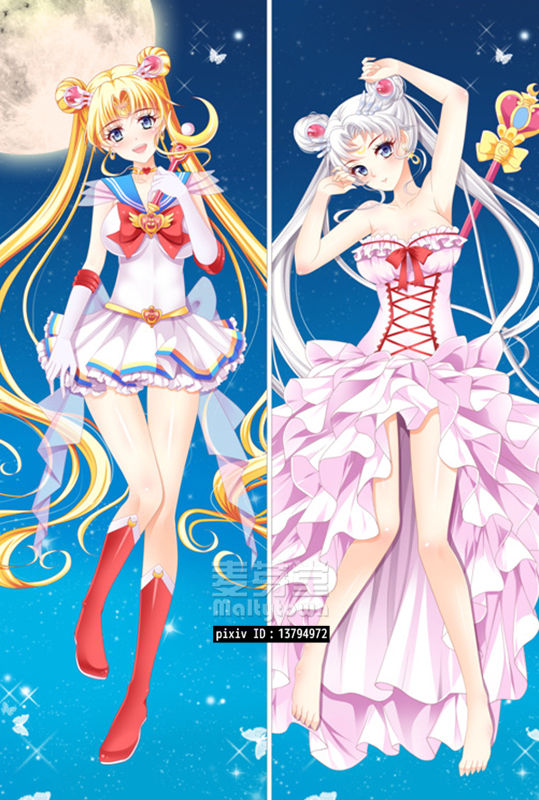 2girls armpits arms_up bakugadou barefoot bishoujo_senshi_sailor_moon blonde_hair blue_background blue_eyes boots bow breasts brooch choker dress dual_persona elbow_gloves frills full_moon gloves hair_ornament hairpin jewelry knee_boots long_hair looking_at_viewer maboroshi_no_ginzuishou moon moon_stick multiple_girls pleated_skirt red_boots red_bow sailor_collar sailor_moon silver_hair skirt smile spiral_heart_moon_rod staff super_sailor_moon tsukino_usagi twintails watermark white_gloves