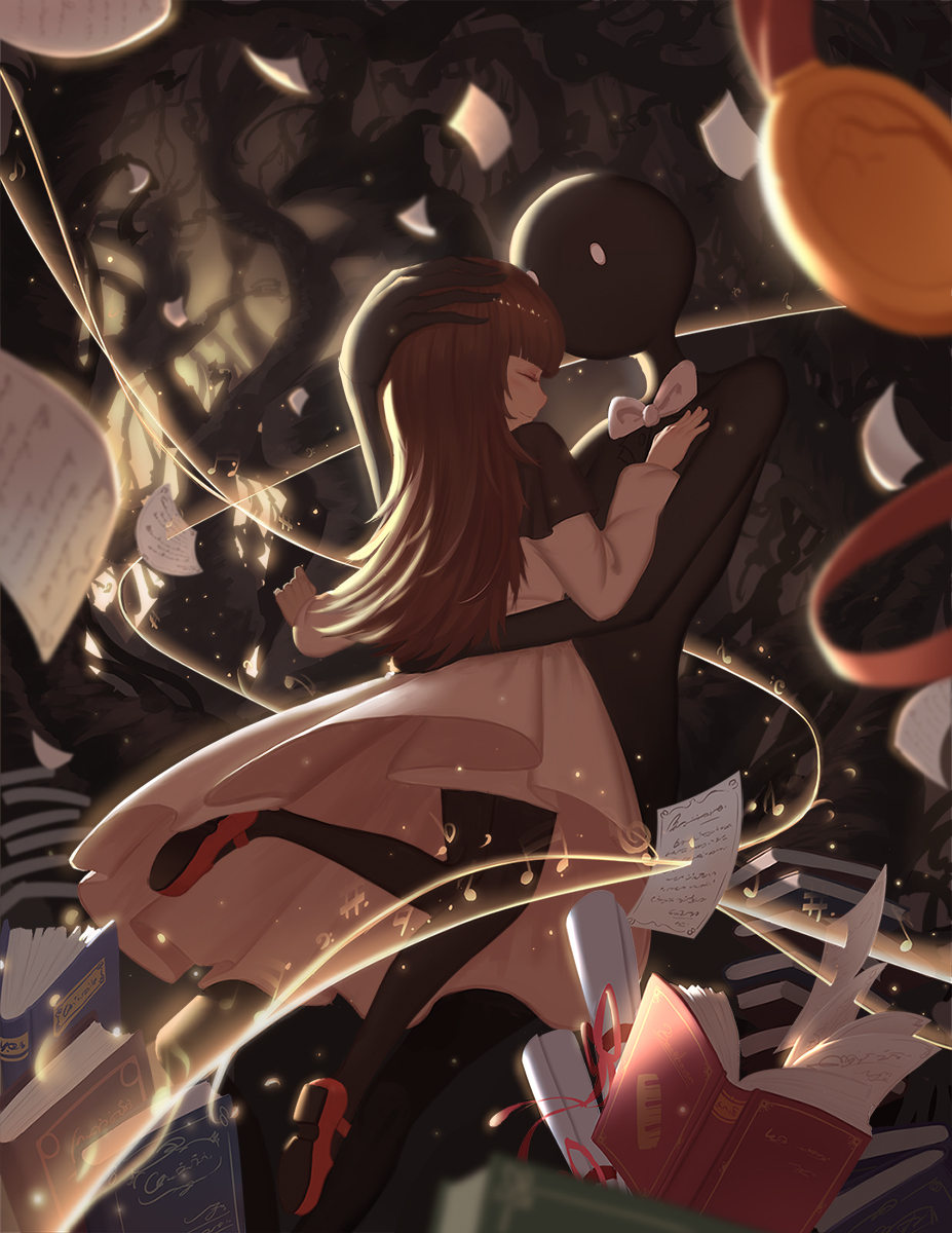 1girl bare_tree black_legwear blurry blush book bow bowtie brown_hair closed_eyes closed_mouth deemo deemo_(character) depth_of_field dress flying_paper girl_(deemo) hand_around_wrist hand_on_another's_chest highres hug kevin_(tiancaimland) long_hair long_sleeves mary_janes medal open_book pantyhose paper petting profile red_shoes scroll shoes smile solid_oval_eyes standing tree white_bow white_bowtie white_dress