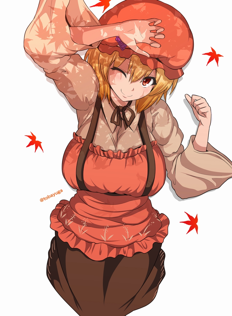 1girl aki_minoriko apron autumn_leaves bangs black_ribbon black_skirt blonde_hair blush breasts closed_mouth food fruit grapes hat large_breasts long_skirt long_sleeves looking_at_viewer one_eye_closed red_eyes ribbon simple_background skirt smile solo touhou umasan white_background wide_sleeves