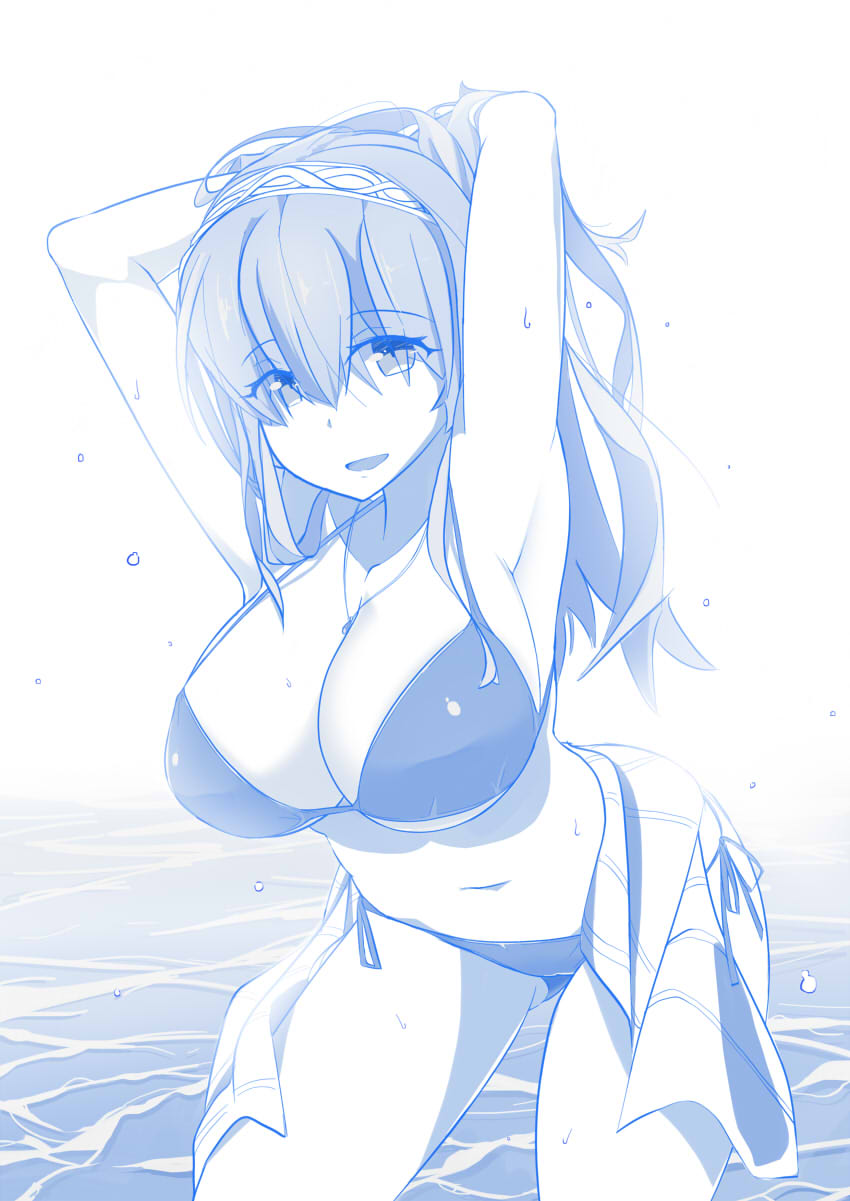 1girl armpits arms_behind_head bare_shoulders bikini breasts collarbone gh hairband highres idolmaster idolmaster_cinderella_girls jewelry large_breasts long_hair monochrome navel open_mouth pendant sagisawa_fumika smile solo swimsuit water