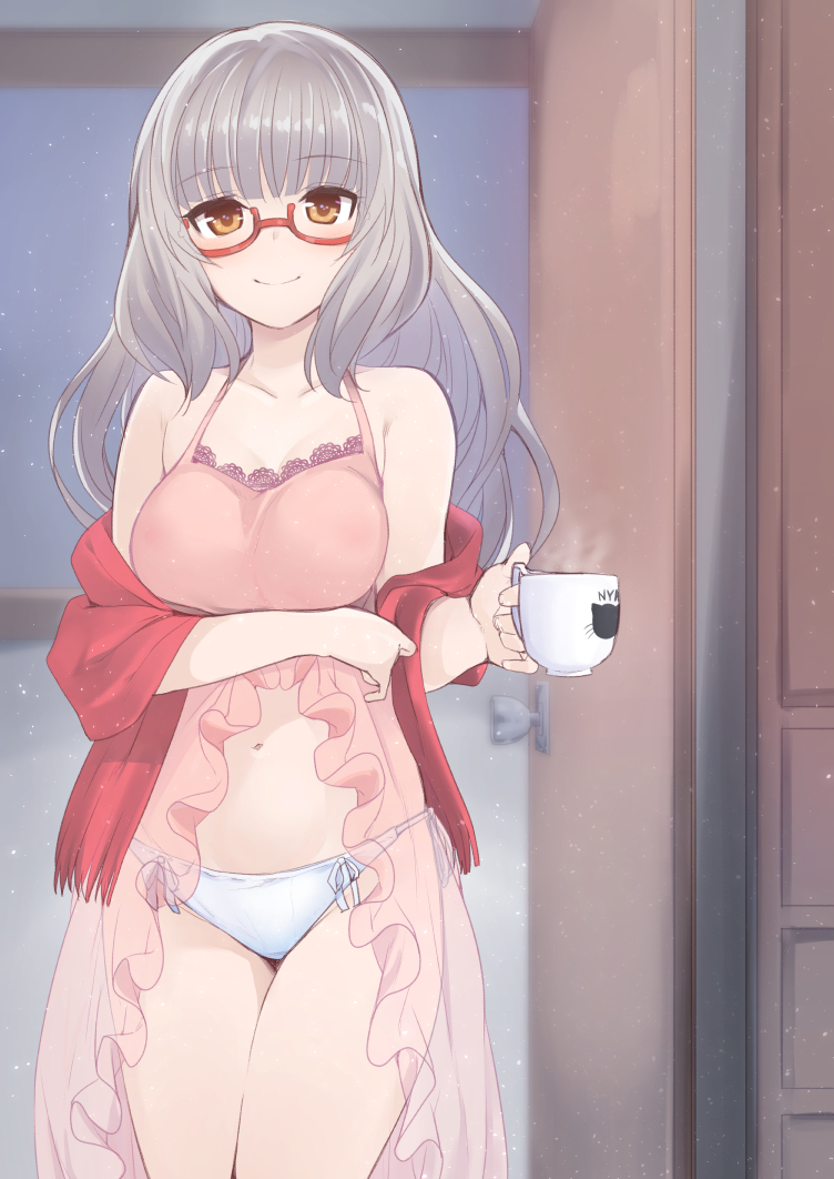 1girl blush cup glasses hazuki_shizuku long_hair looking_at_viewer mug new_game! nigo_(aozoragarou) red-framed_eyewear smile solo