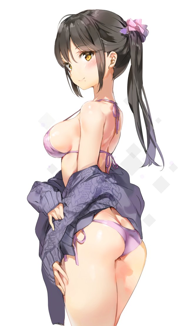 1girl anmi bikini black_hair blush breasts eyebrows eyebrows_visible_through_hair hand_on_thigh long_hair medium_breasts mole mole_under_mouth ponytail purple_bikini scrunchie side-tie_bikini simple_background smile solo strap_gap sweater swimsuit swimsuit_under_clothes undressing white_background yellow_eyes