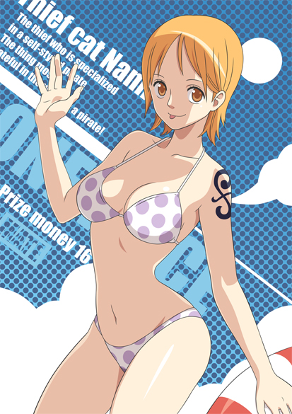 1girl :p alsea bare_arms bikini breasts cleavage cropped_legs engrish feet_out_of_frame female innertube midriff nami_(one_piece) one_piece orange_eyes orange_hair polka_dot polka_dot_bikini ranguage short_hair solo swimsuit tattoo tongue tongue_out two-piece_swimsuit white_bikini