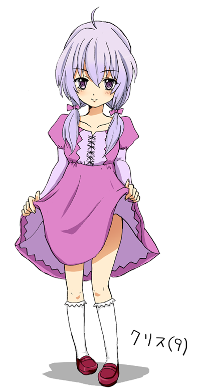 1girl ahoge blush bow closed_mouth collarbone cross-laced_clothes dress dress_lift eyebrows eyebrows_visible_through_hair full_body hair_bow hair_over_shoulder holding_dress kneehighs lace-trimmed_kneehighs lavender_hair long_hair long_sleeves looking_at_viewer low-tied_long_hair motinoki photoshop pink_bow pink_dress puffy_short_sleeves puffy_sleeves red_shoes senki_zesshou_symphogear shoes short_sleeves simple_background sleeves_past_elbows smile solo standing text translated twintails upskirt violet_eyes white_background white_legwear younger yukine_chris