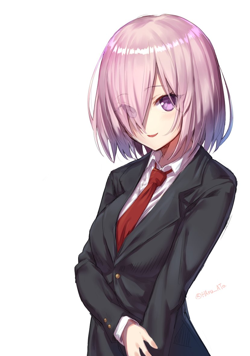 1girl ato_(haru_ato) eyebrows eyebrows_visible_through_hair eyes_visible_through_hair fate/grand_order fate_(series) formal hair_over_one_eye looking_at_viewer necktie pink_hair red_necktie shielder_(fate/grand_order) short_hair simple_background smile solo suit twitter_username violet_eyes white_background