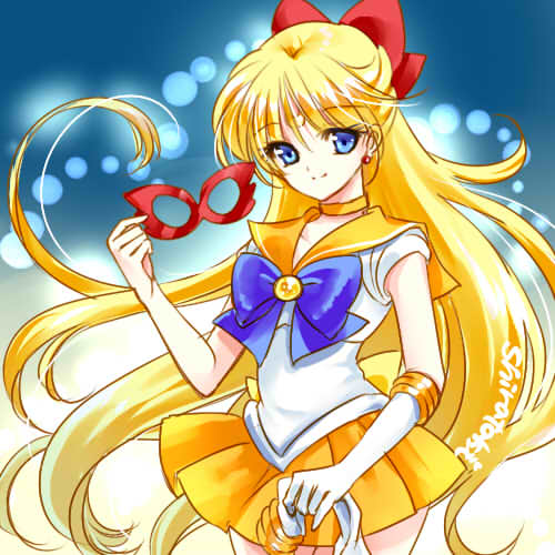 1girl aino_minako artist_name bishoujo_senshi_sailor_moon blonde_hair blue_eyes choker circlet earrings elbow_gloves glove_removed gloves hair_ribbon jewelry long_hair lowres mask mask_removed miniskirt pleated_skirt ribbon sailor_collar sailor_v sailor_venus shirataki_kaiseki signature single_glove skirt smile solo very_long_hair white_gloves yellow_skirt