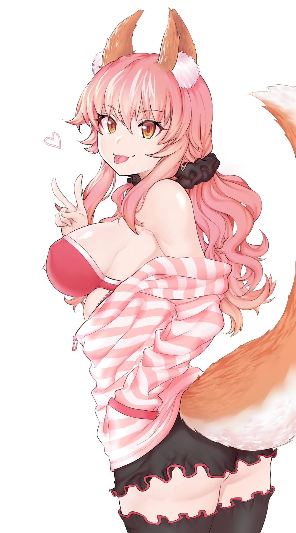 1girl animal_ears ass ass_visible_through_thighs bra breasts cpqm fate/extra fate_(series) fox_ears fox_tail heart highres large_breasts pink_bra pink_hair sideboob simple_background solo tail tamamo_(fate)_(all) tamamo_no_mae_(fate) tongue underwear v white_background yellow_eyes