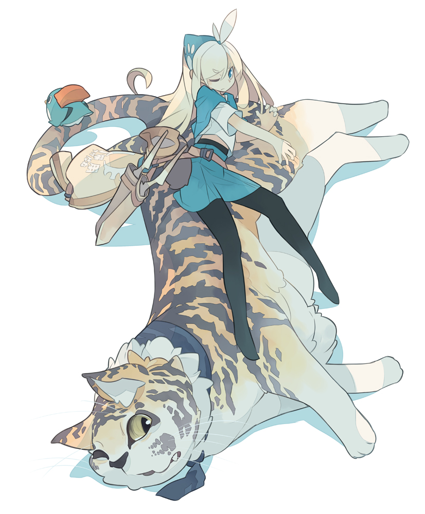 1girl akitsu_taira animal bag bare_shoulders belt_pouch bird black_legwear blonde_hair blue_eyes blue_skirt capelet cat clothed_animal eyebrows eyebrows_visible_through_hair headdress izumi_luna_(akitsu_taira) long_hair looking_at_viewer lying on_side one_eye_closed original outstretched_arm pantyhose shade short_sleeves simple_background skirt white_background