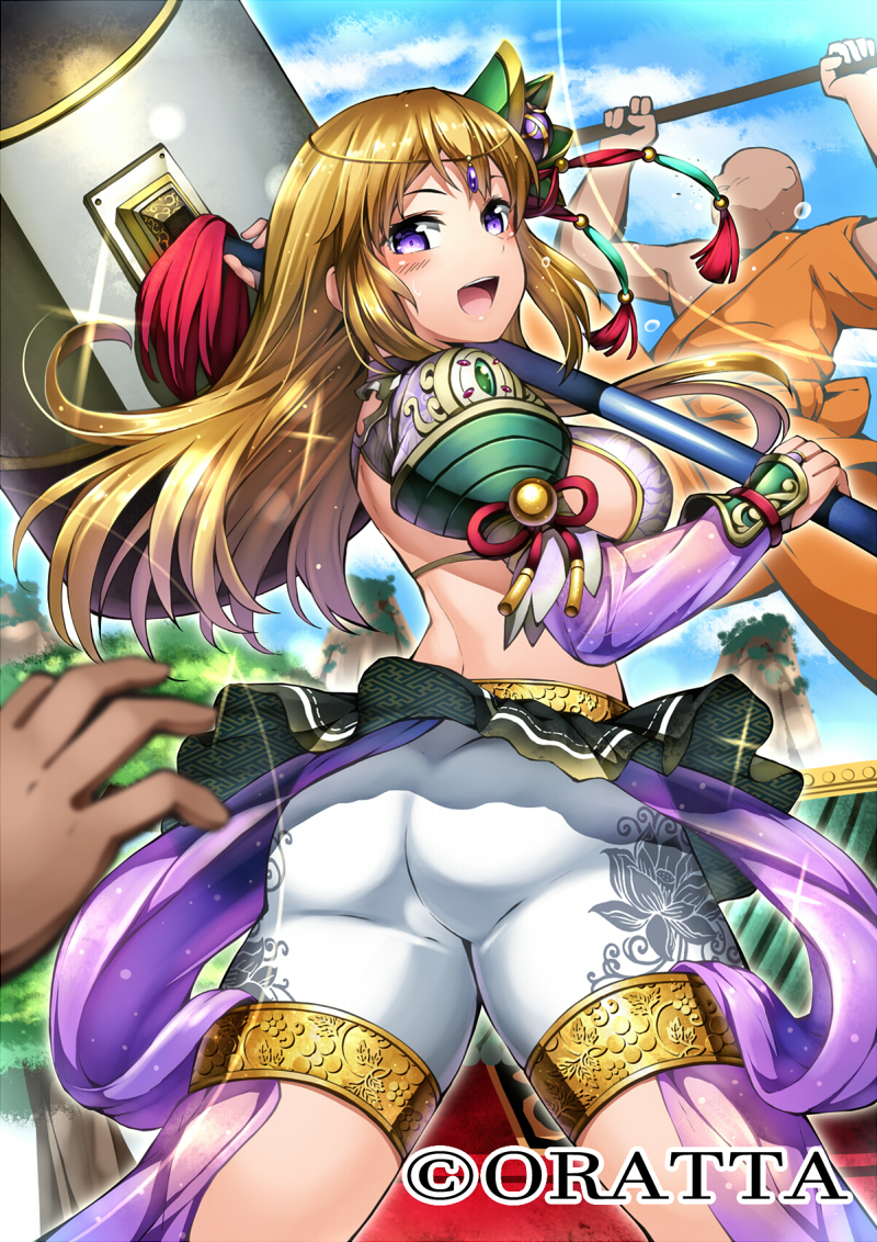 1boy 1girl :d ass blonde_hair blush breasts building circlet clouds company_name decchi_oyabun faceless faceless_male floral_print from_behind hair_ornament hammer holding holding_weapon long_hair looking_back medium_breasts momohime_ryouran!_sengoku_asuka open_mouth shorts sky smile solo_focus sparkle standing tree violet_eyes watermark weapon white_bikini_top white_shorts