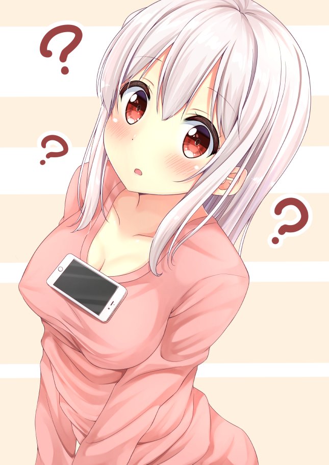 1girl ? blush breasts cellphone cleavage collarbone covered_nipples eyebrows eyebrows_visible_through_hair groin karutamo long_hair looking_at_viewer looking_up medium_breasts medium_hair no_bra object_on_breast open_mouth original phone pink_sweater red_eyes shiny shiny_skin smartphone solo sweater tawawa_challenge tisshu_(karutamo) upper_body v_arms white_hair