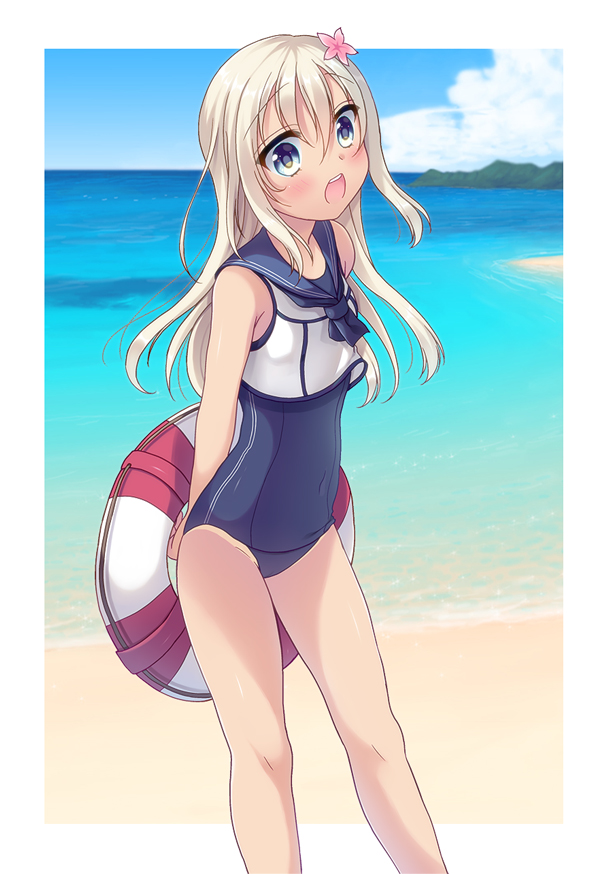 1girl beach blonde_hair blue_eyes covered_navel crop_top flower hair_flower hair_ornament kantai_collection kisaragi_kanata long_hair one-piece_tan open_mouth ro-500_(kantai_collection) sailor_collar school_swimsuit standing swimsuit swimsuit_under_clothes tan tanline torpedo