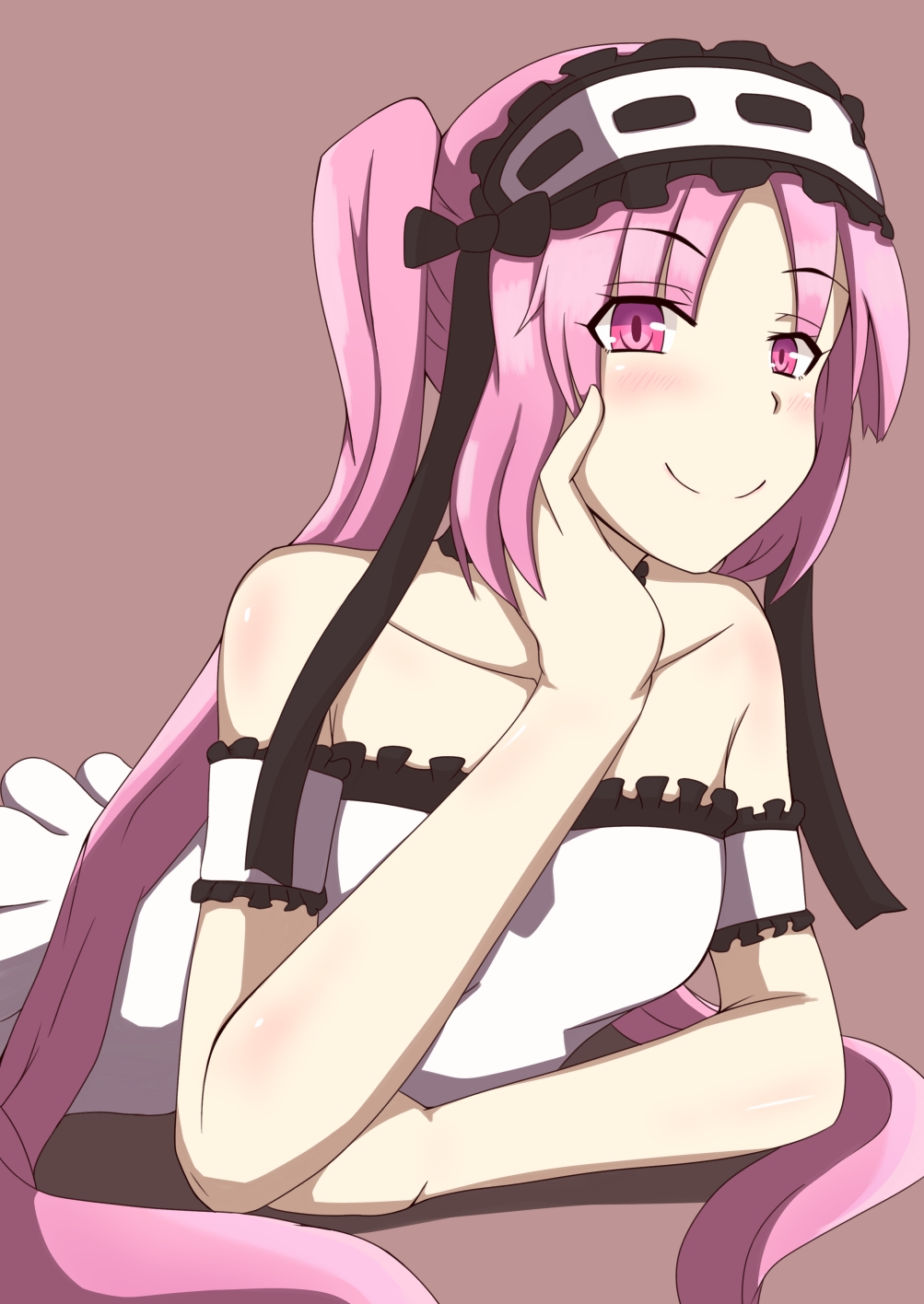 1girl arm_garter arm_support bare_shoulders black_ribbon blush chin_rest collarbone dress eyebrows eyebrows_visible_through_hair eyes_visible_through_hair fate/grand_order fate/hollow_ataraxia fate_(series) frills hairband head_rest headdress highres long_hair looking_at_viewer lying on_stomach purple_hair ribbon riichi_(yamataku0) simple_background sleeveless sleeveless_dress smile solo stheno twintails violet_eyes white_dress