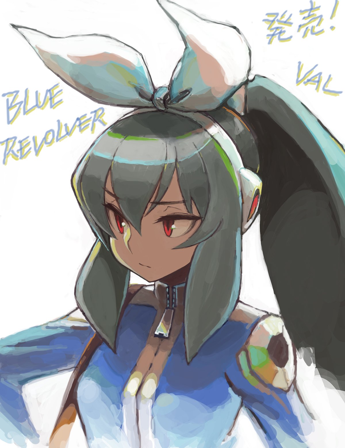 1girl announcement_celebration black_hair blue_revolver hairband hand_on_hip headphones highres hiro1984 jacket long_hair looking_afar ponytail red_eyes simple_background sitting solo track_jacket upper_body valerie_(blue_revolver) white_background