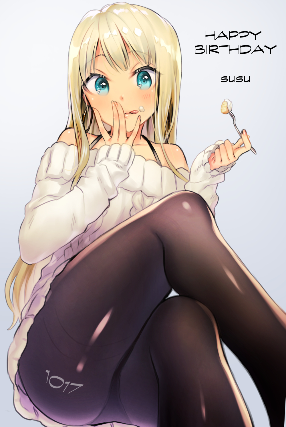 1girl :p alessandra_susu aqua_eyes bare_shoulders black_legwear blonde_hair character_name covering_mouth eating food food_on_face fork happy_birthday highres holding holding_fork licking long_hair long_sleeves looking_at_viewer pantyhose shirako_sei sitting solo sweater tokyo_7th_sisters tongue tongue_out white_sweater