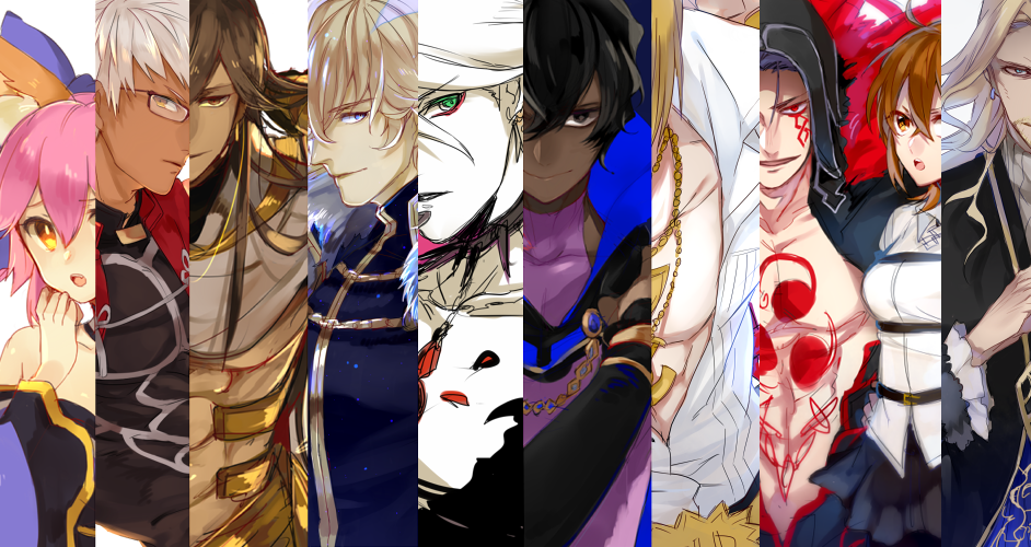 2f_sq 2girls 6+boys :o abs animal_ears archer arjuna_(fate/grand_order) bare_shoulders black-framed_eyewear black_eyes black_hair blonde_hair blue_bow blue_cape blue_eyes blue_hair blush bow breasts brown_eyes brown_hair cape chest_tattoo closed_mouth collar collarbone column_lineup cu_chulainn_alter_(fate/grand_order) dark_skin dark_skinned_male detached_sleeves earrings fate/apocrypha fate/extra fate/grand_order fate/prototype fate/prototype:_fragments_of_blue_and_silver fate/stay_night fate_(series) fox_ears frilled_sleeves frills fujimaru_ritsuka_(female) gawain_(fate/extra) glasses hair_between_eyes hair_bow hans_christian_andersen_(fate) jewelry karna_(fate) lancer long_hair long_sleeves multicolored_hair multiple_boys multiple_girls necklace open_clothes open_mouth open_shirt ozymandias_(fate) pink_hair profile red_eyes robin_hood_(fate) sakata_kintoki_(fate/grand_order) shaded_face shirt short_hair silver_hair sketch small_breasts smirk spiked_collar spikes tamamo_(fate)_(all) tamamo_no_mae_(fate) tattoo two-tone_hair upper_body vlad_iii_(fate/apocrypha) white_shirt white_skin wide_sleeves yellow_eyes