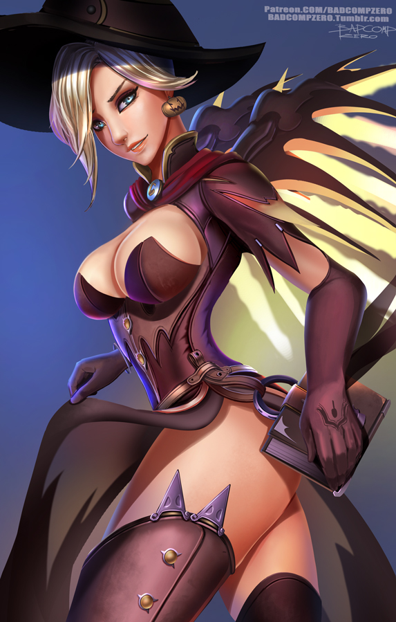 alternate_costume badcompzero blonde_hair blue_background blue_eyes breasts brown_legwear earrings hat jack-o'-lantern jewelry long_hair looking_at_viewer medium_breasts mercy_(overwatch) overwatch parted_lips smile thigh-highs thighs witch_hat