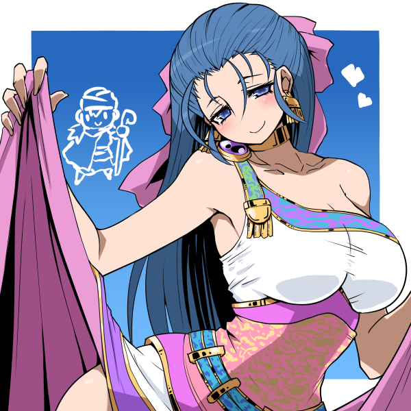 1girl blue_eyes blue_hair blush bow breasts dragon_quest dragon_quest_v dress earrings flora hair_bow jewelry kara_age large_breasts long_hair smile solo