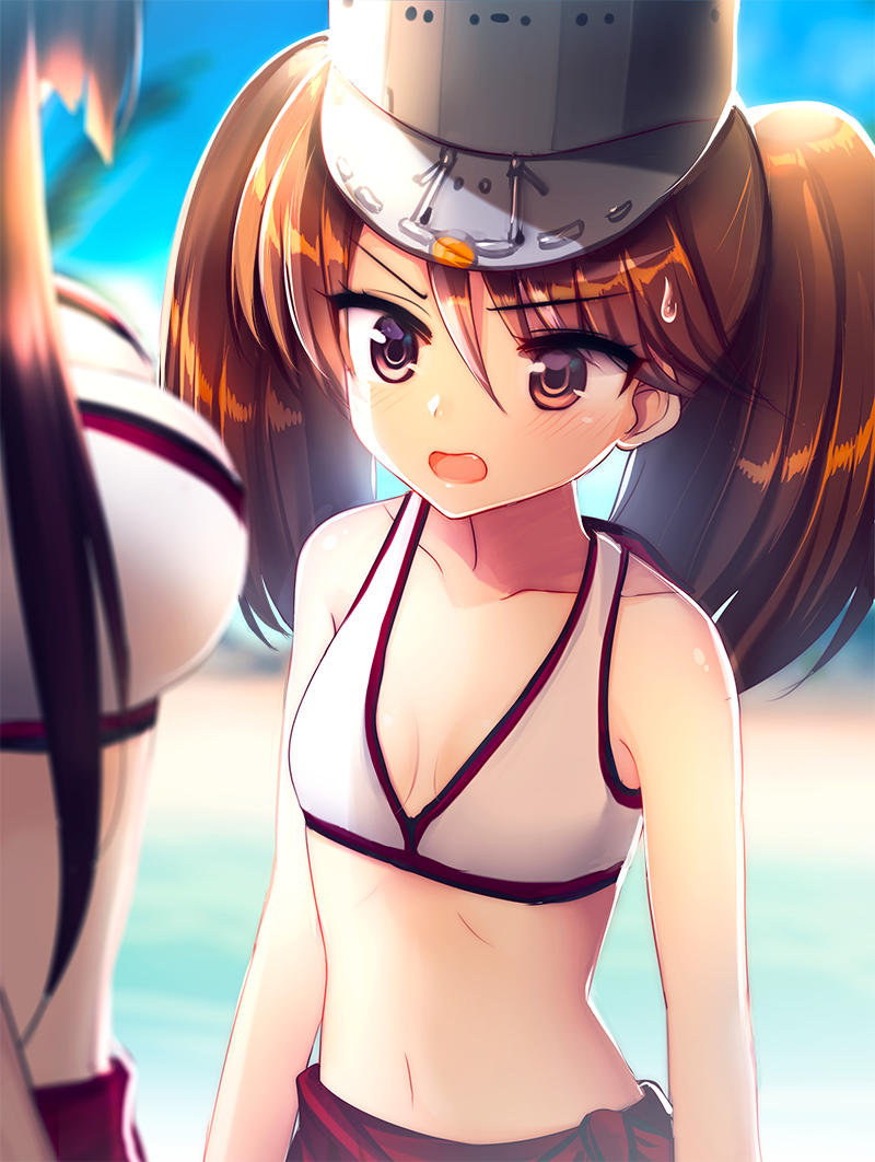 2girls alternate_costume arms_at_sides bangs beach blunt_bangs breast_envy breasts brown_eyes brown_hair cleavage fang hair_between_eyes height_difference kantai_collection large_breasts long_hair looking_at_another looking_at_breasts meaomao midriff multiple_girls navel open_mouth ryuujou_(kantai_collection) sidelocks small_breasts tongue twintails upper_body visor_cap water yamato_(kantai_collection)