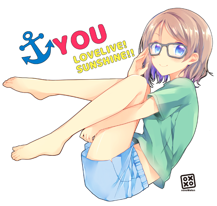 1girl adjusting_glasses anchor_symbol barefoot belly_peek blue_eyes blue_shorts brown_hair character_name circle_name commentary_request copyright_name fetal_position glasses green_shirt grey_hair looking_at_viewer love_live! love_live!_sunshine!! peke_(xoxopeke) shirt short_hair short_sleeves shorts simple_background smile solo t-shirt watanabe_you white_background