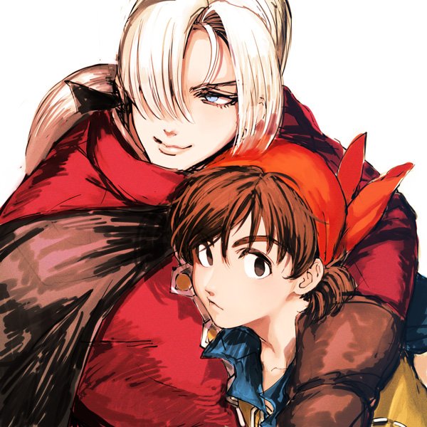 2boys bandana blue_eyes brown_gloves brown_hair center_part dragon_quest dragon_quest_viii gloves hair_over_one_eye hero_(dq8) hug kukuru_(dq8) looking_at_viewer looking_to_the_side multiple_boys ponytail simple_background smile upper_body white_background white_hair zakki