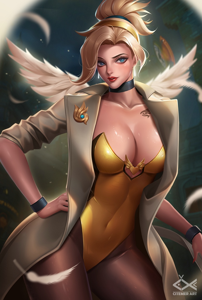 1girl alternate_costume animal_ears blonde_hair blue_eyes breasts bunny_girl bunnysuit choker citemer cleavage coat feathered_wings high_ponytail leotard long_hair looking_at_viewer mercy_(overwatch) overwatch pantyhose solo wings wrist_cuffs