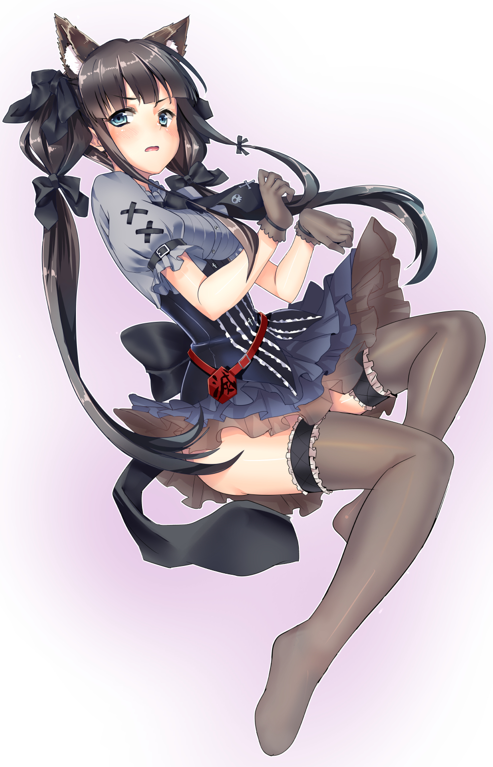 1girl alternate_costume animal_ears bangs black_gloves black_hair bow cat_ears dress gloves hair_bow hair_ornament highres hinabita long_hair looking_at_viewer lying on_side open_mouth paw_pose petticoat shimofuri shimotsuki_rin short_sleeves solo thigh-highs twintails underbust very_long_hair