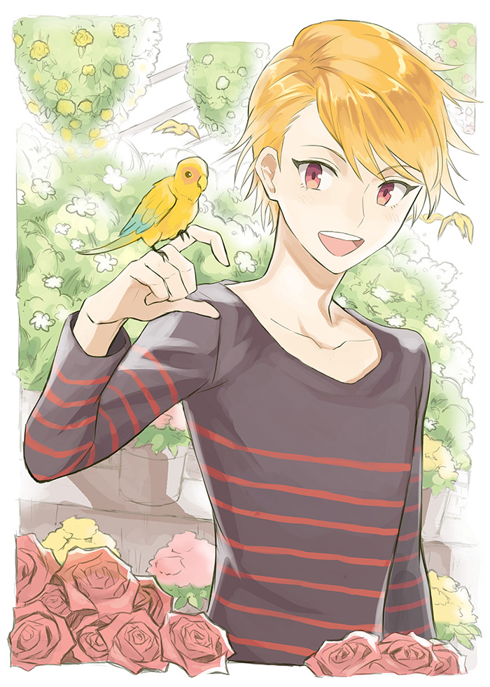 1boy :d akimachi animal arm_up bird blonde_hair collarbone flower flying greenhouse idolmaster idolmaster_side-m looking_at_another maita_rui male_focus open_mouth plant potted_plant red_eyes red_rose rose shirt smile striped striped_shirt upper_body yellow_rose