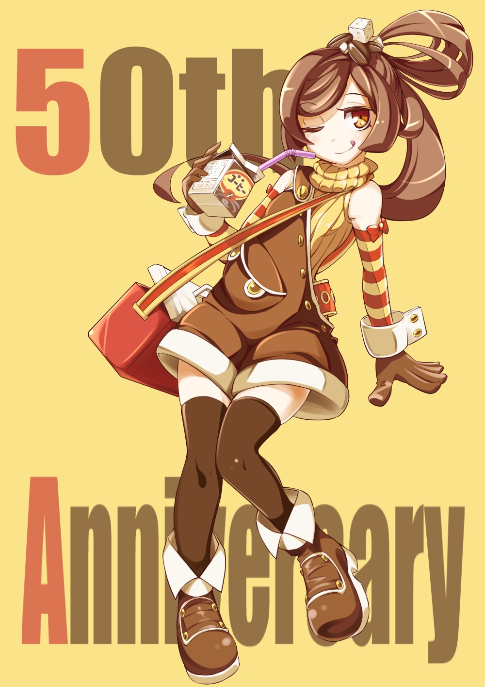 1girl :q beanpaste blush boots bow brown_boots brown_eyes brown_gloves brown_hair brown_legwear closed_mouth coffee_bean_hair_ornament cooler drinking_straw english full_body gloves highres holding knees_together_feet_apart long_hair looking_at_viewer milk_carton number original personification ponytail red_bow ribbed_sweater smile solo striped sugar_cube_hair_ornament sweater sweater_vest thigh-highs tongue tongue_out turtleneck yellow_background yellow_sweater yukico-tan yukijirushi