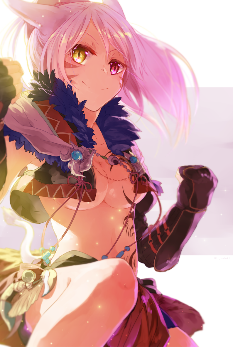 1girl animal_ears backlighting bow breasts cat_ears cleavage commentary crop_top facial_mark final_fantasy final_fantasy_xiv gloves hair_bow heterochromia jumping light_particles lili_mdoki long_hair looking_at_viewer midriff miqo'te navel pink_eyes pink_hair ponytail simple_background smile solo tattoo tattooed_breast under_boob vambraces yellow_eyes