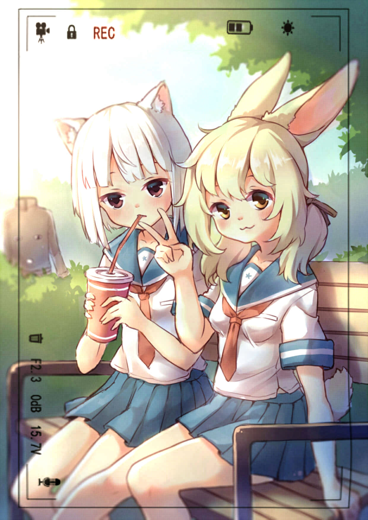 2girls :&lt; :3 animal_ears bench blonde_hair breasts brown_eyes cat_ears dianche_miao_(18826) drinking highres long_hair multiple_girls original outdoors rabbit_ears ribbon school_uniform serafuku shirt short_hair silver_hair sitting skirt small_breasts smile straw tail twintails v viewfinder