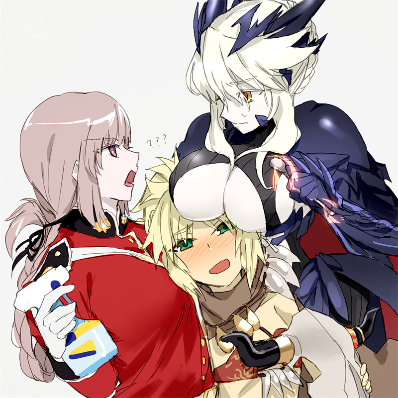 alternate_costume armor artoria_pendragon_alter_(fate/grand_order) blonde_hair blush bottle braid breast_rest breasts breasts_on_head cleavage fate/apocrypha fate/grand_order fate_(series) florence_nightingale_(fate/grand_order) french_braid goya_(xalbino) green_eyes hair_ornament horns huge_breasts jewelry large_breasts long_hair midriff necklace pauldrons pink_hair ponytail saber saber_alter saber_of_red smile spoon spray_bottle yellow_eyes yuri