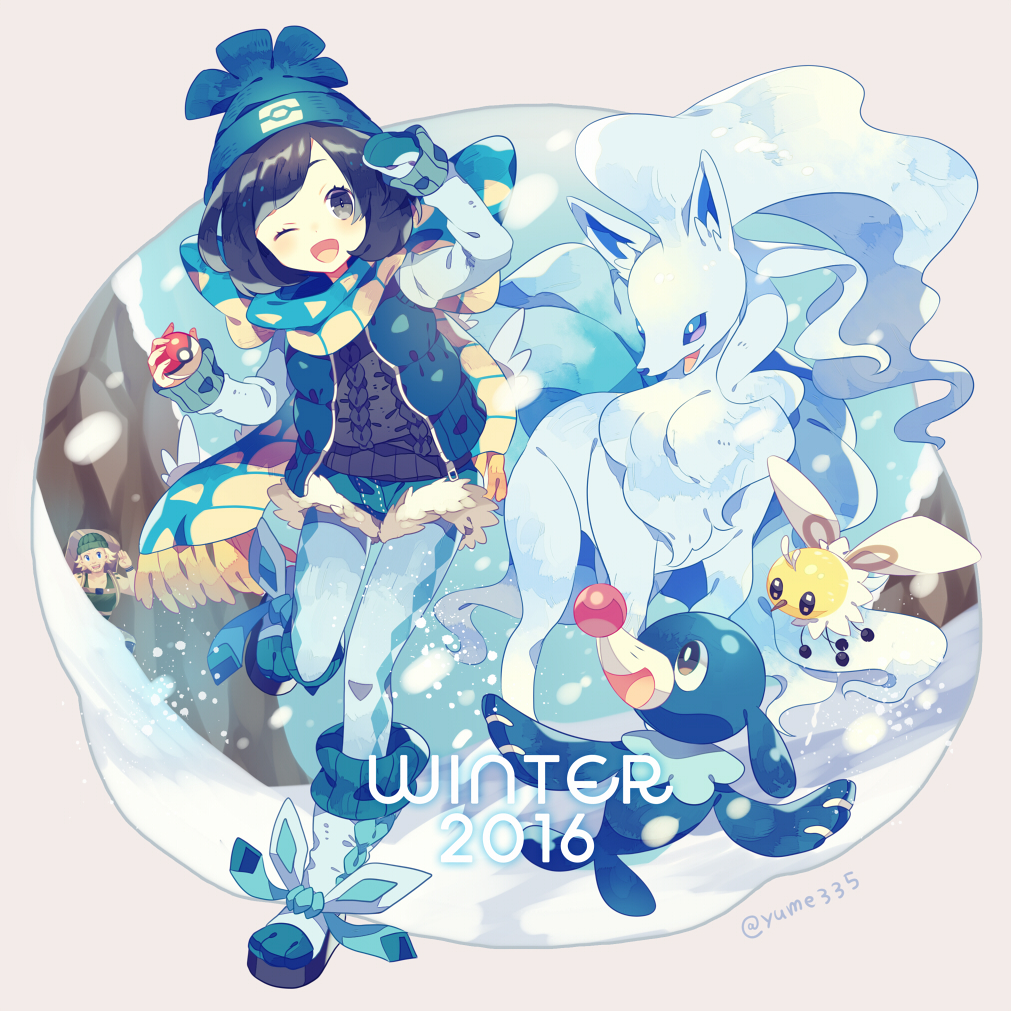 1boy 1girl 2016 ;d alolan_ninetales bangs beanie black_eyes blonde_hair blue_hair blue_legwear bob_cut boots character_request coat cutiefly female_protagonist_(pokemon_sm) fur_trim green_hat hat holding holding_poke_ball long_sleeves looking_at_viewer one_eye_closed open_mouth pantyhose poke_ball pokemon pokemon_(creature) pokemon_(game) pokemon_sm popplio scarf short_hair short_shorts shorts single_mitten smile snow snowing standing standing_on_one_leg twitter_username winter winter_clothes yumenouchi_chiharu