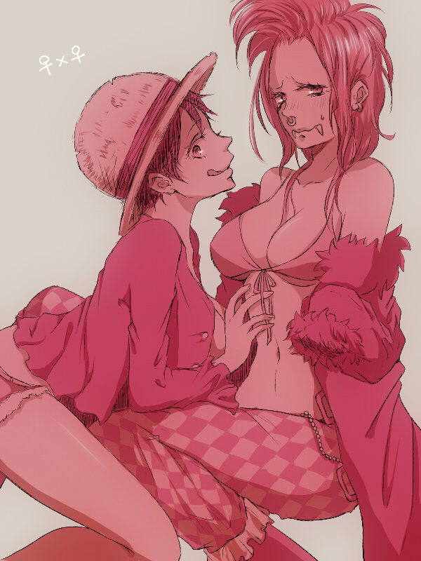 2girls :q bartolomeo bikini_top blush breasts cleavage genderswap genderswap_(mtf) hat large_breasts luffyko multiple_girls nashimo_(artist) nose_ring one_piece shorts teeth tongue tongue_out