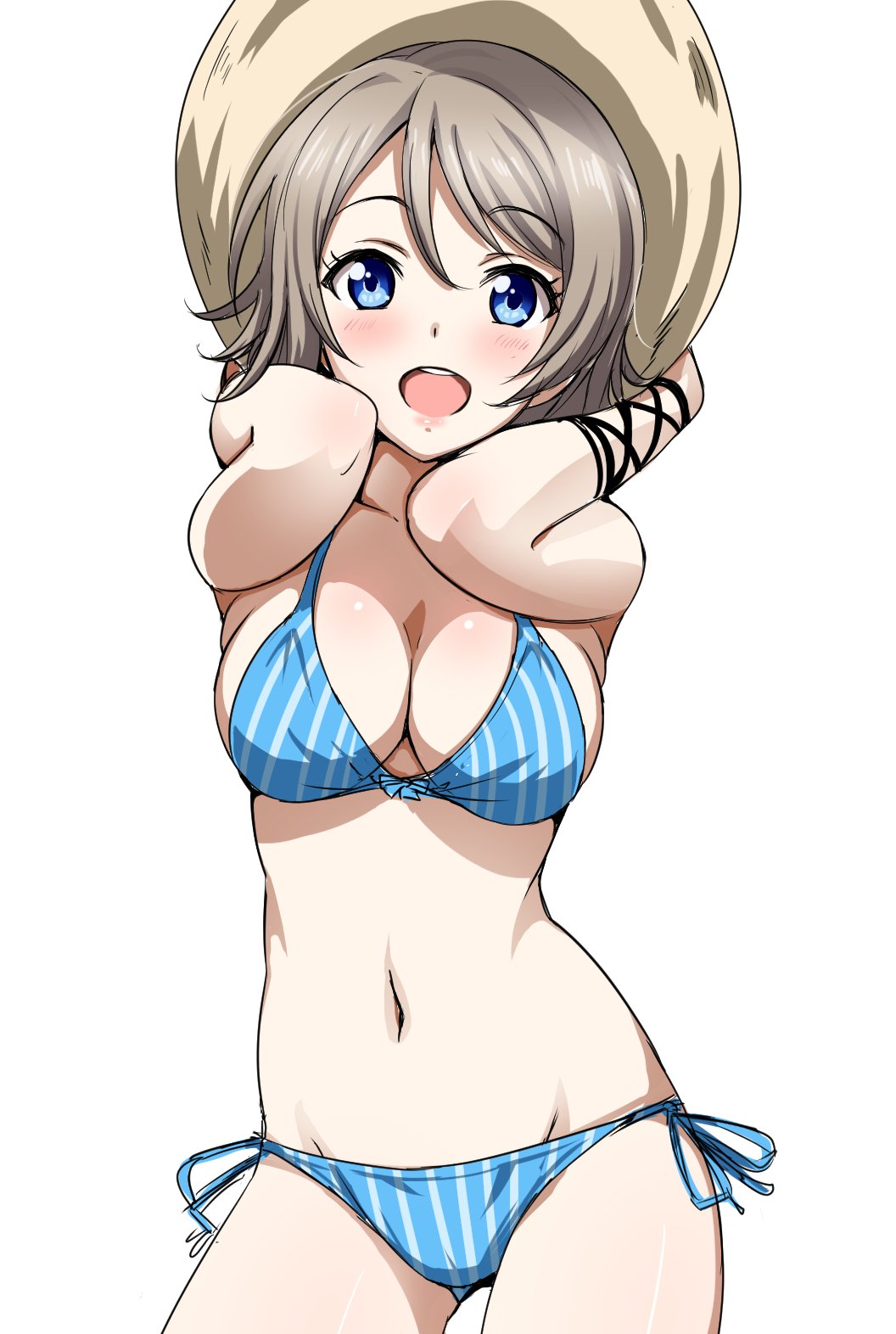 1girl :d ass_visible_through_thighs bikini blue_bikini blue_eyes blush breasts cleavage contrapposto cowboy_shot hat highres large_breasts light_brown_hair looking_at_viewer love_live! love_live!_sunshine!! navel open_mouth rozen5 shiny shiny_skin side-tie_bikini simple_background smile solo striped striped_bikini sun_hat swimsuit vertical-striped_bikini vertical_stripes watanabe_you white_background