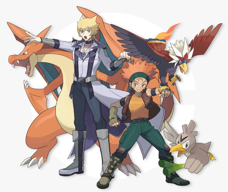 2boys belt bird blonde_hair boots braviary charizard clenched_hand coattails crossover crow_hogan facial_hair facial_tattoo fangs farfetch'd fingerless_gloves gloves jack_atlas jewelry male_focus multiple_boys necklace open_clothes open_mouth open_vest orange_hair outstretched_arm parody pokemon pokemon_(creature) spring_onion style_parody sweatband tattoo torinomaruyaki vest yuu-gi-ou yuu-gi-ou_5d's