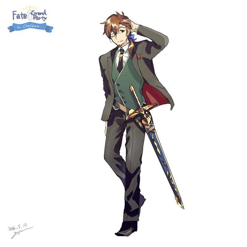 belt black_jacket black_pants brown_hair dated dress_shirt facial_hair fate/grand_order fate_(series) formal goatee goya_(xalbino) green_vest hand_on_own_head handkerchief hector_(fate/grand_order) jacket monocle necktie one_eye_closed pant_suit pants ponytail scabbard sheath shirt signature suit sword tie_clip tuxedo vest weapon