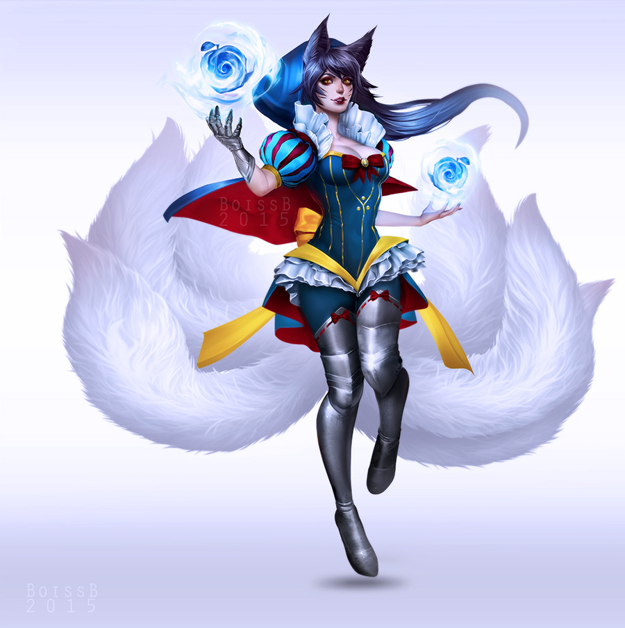 1girl ahri animal_ears black_hair blue_rose boissb boots breasts cleavage commentary cosplay flower fox_ears fox_tail full_body league_of_legends medium_breasts multiple_tails orb puff_and_slash_sleeves puffy_sleeves rose single_glove slit_pupils snow_white snow_white_(cosplay) snow_white_and_the_seven_dwarfs solo tail thigh-highs thigh_boots whisker_markings yellow_eyes