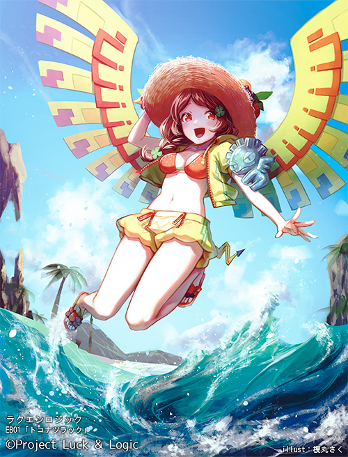 1girl :d adjusting_clothes adjusting_hat blue_sky braid brown_hair clover_hair_ornament copyright_name enmr39_(anonyma) hair_ornament hat luck_&amp;_logic midair midriff nanahoshi_yukari open_mouth outdoors outstretched_hand palm_tree quetzalcoatl red_eyes sandals sky smile solo sun_hat tree water waves wings