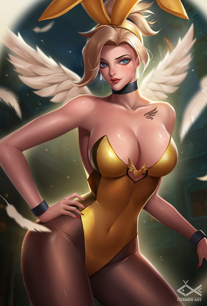 1girl alternate_costume animal_ears blonde_hair blue_eyes breasts bunny_girl bunnysuit choker citemer cleavage feathered_wings high_ponytail leotard long_hair looking_at_viewer mercy_(overwatch) overwatch pantyhose rabbit_ears solo wings wrist_cuffs
