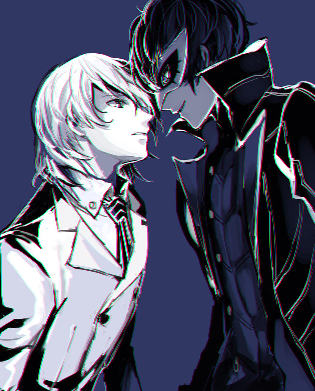 2boys akechi_gorou blue_background domino_mask double-breasted eye_contact highres kurusu_akira looking_at_another male_focus mask monochrome multiple_boys necktie obo persona persona_5 profile simple_background smile upper_body