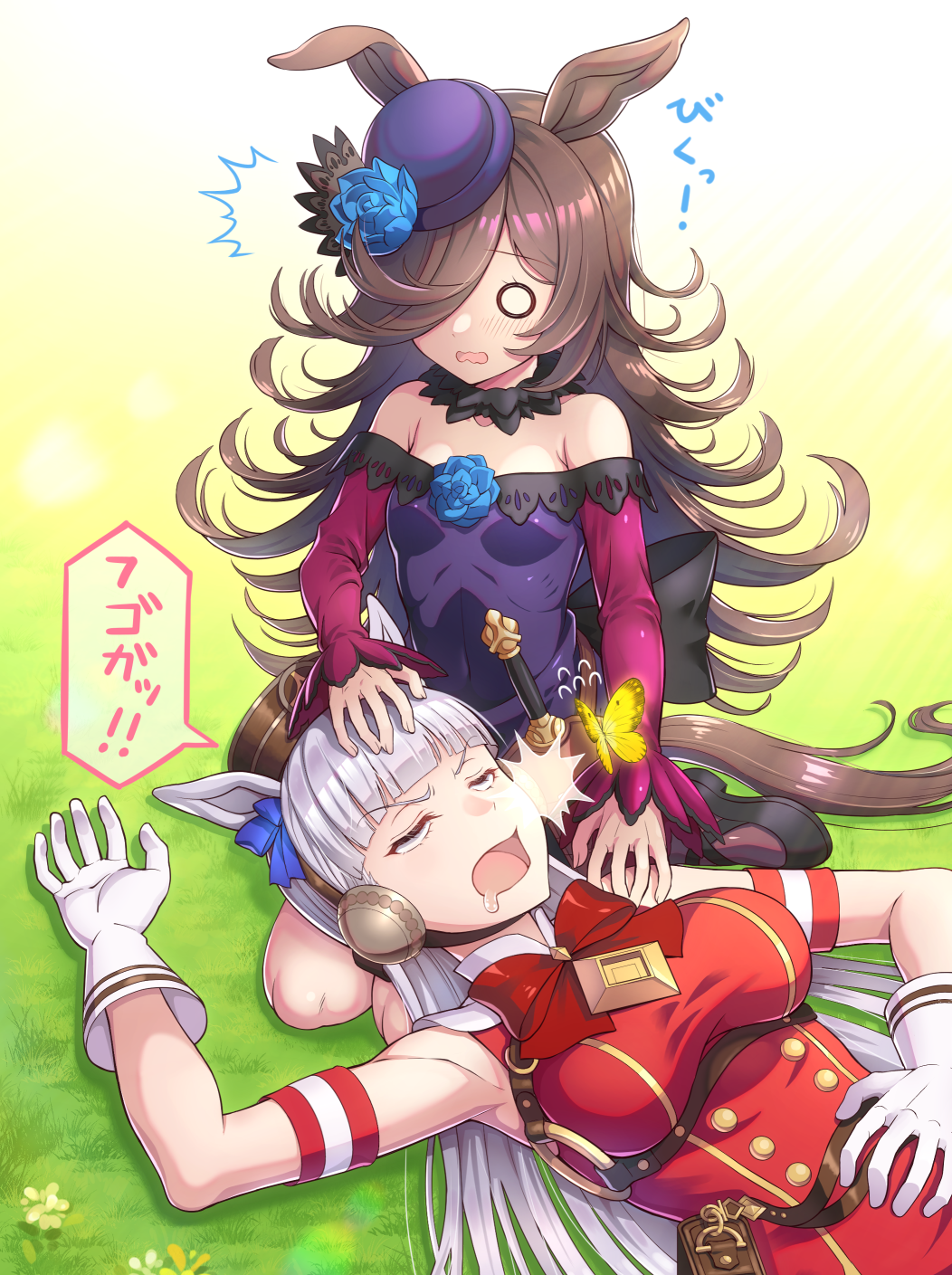 2girls arm_up bangs belt_pouch blank_eyes blue_flower blue_rose blunt_bangs bow breasts brown_hair brown_headwear bug butterfly commentary_request day dress eyebrows_visible_through_hair flower gloves gold_ship_(umamusume) grass hair_over_one_eye half-closed_eyes hand_on_another's_head hand_on_another's_shoulder hand_on_own_stomach hat hat_flower highres insect lap_pillow long_hair long_sleeves looking_at_another medium_breasts mouth_drool multiple_girls nose_bubble o_o off-shoulder_dress off_shoulder open_mouth pantyhose pillow_hat pouch purple_dress purple_headwear red_bow red_sleeves rice_shower_(umamusume) rose silver_hair small_breasts suka_masashi translation_request umamusume white_gloves white_legwear yellow_butterfly