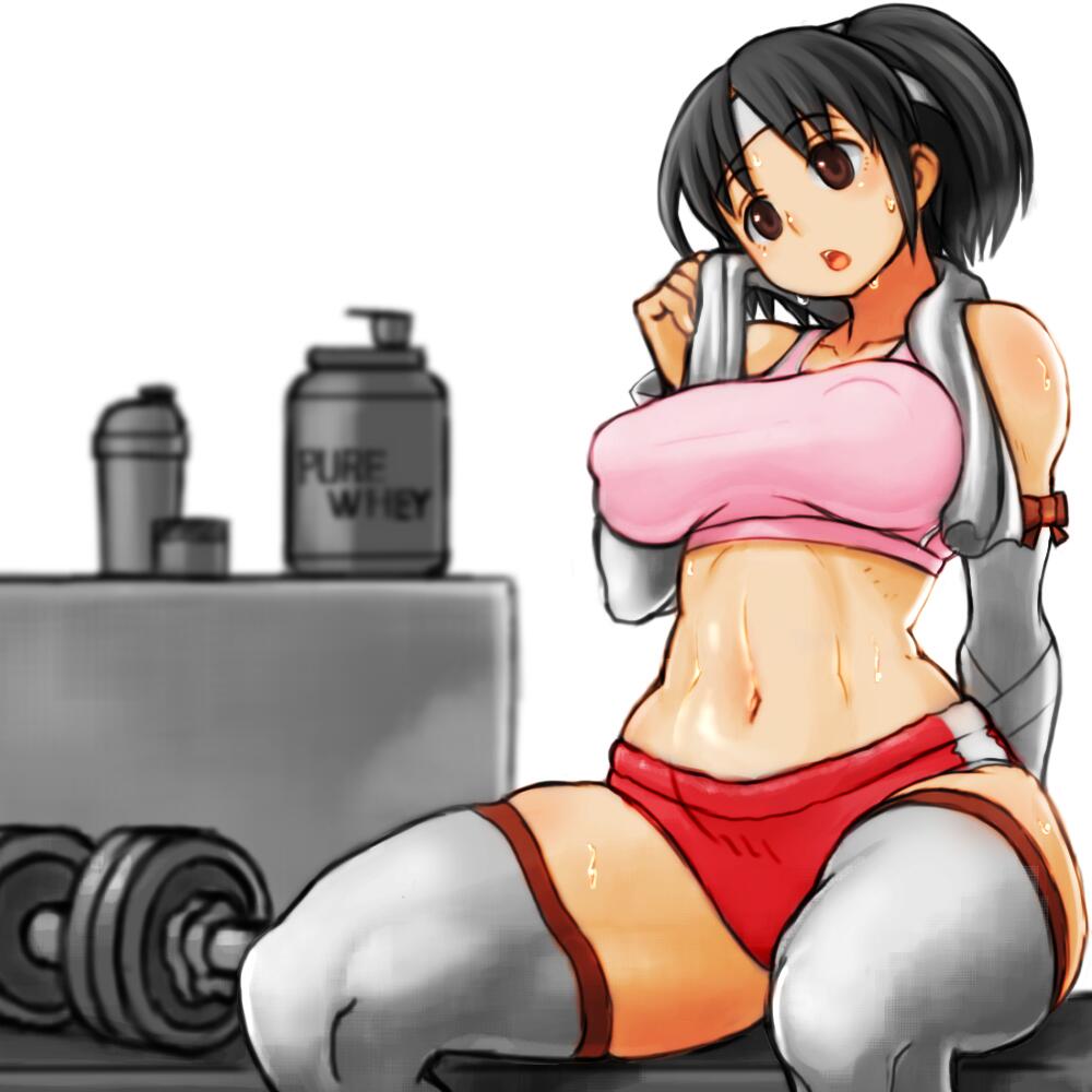 1girl alternate_breast_size bangs black_hair blush breasts brown_eyes buruma collarbone crop_top dumbbell gym headband kantai_collection large_breasts long_hair midriff nagara_(kantai_collection) navel open_mouth ponytail simple_background solo sweat sweatdrop thigh-highs toned towel white_background