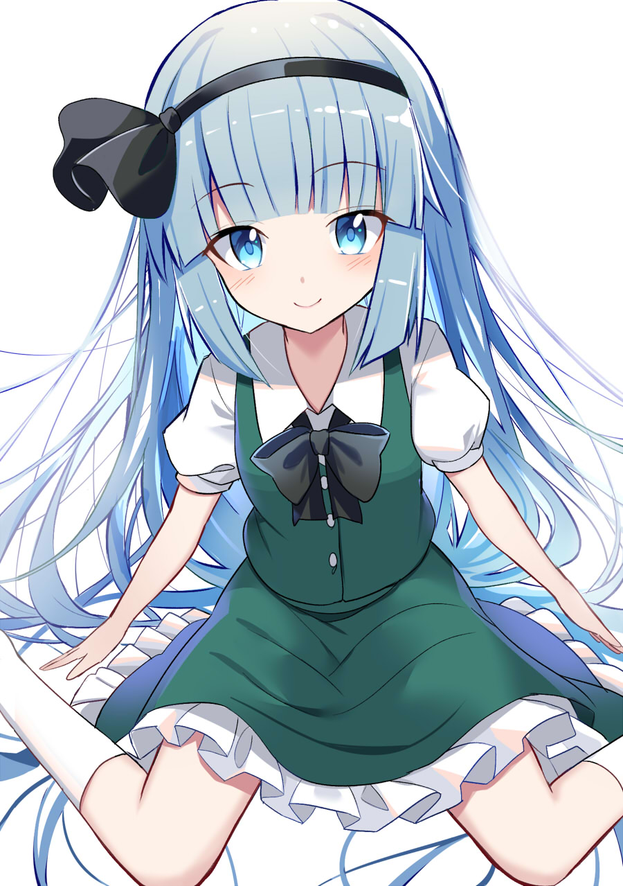 1girl alternate_hair_length alternate_hairstyle bangs black_hairband black_ribbon blue_eyes blue_hair blunt_bangs closed_mouth commentary_request e.o. eyebrows_visible_through_hair green_skirt hair_ribbon hairband highres konpaku_youmu long_hair looking_at_viewer making-of_available puffy_short_sleeves puffy_sleeves ribbon short_sleeves simple_background sitting skirt smile solo touhou very_long_hair white_background