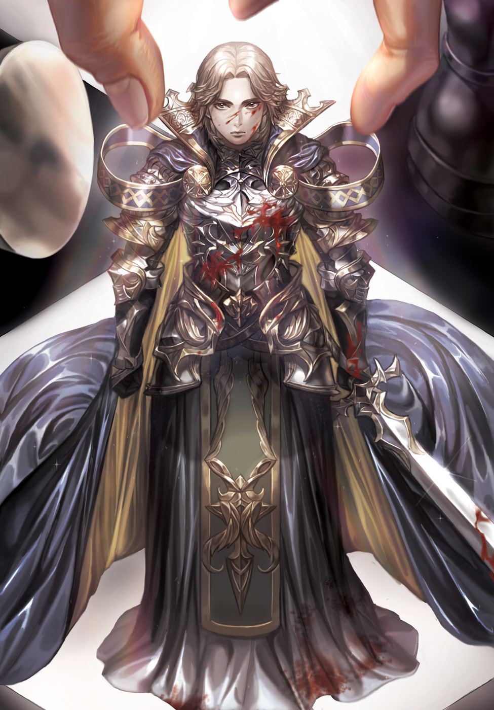 1boy armor blood blood_on_face bloody_clothes bloody_weapon box_(hotpppink) brown_hair cape chess_piece gauntlets hands highres holding holding_weapon king_(chess) looking_at_viewer male_focus original personification serious solo standing sword weapon