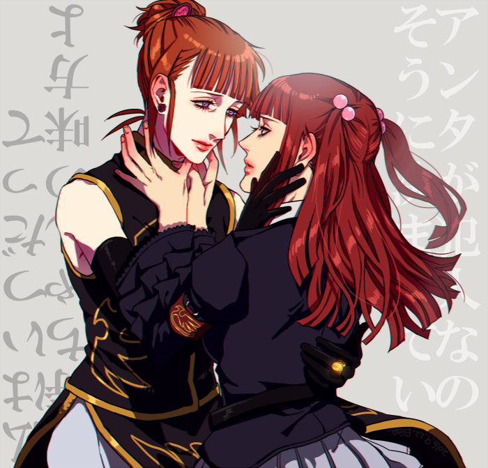 2girls aunt_and_niece bangs bare_shoulders blunt_bangs chinese_clothes elina_kuroe_no_daarin frills gloves hair_bobbles hair_ornament jewelry looking_at_another multiple_girls redhead ring tied_hair two_side_up umineko_no_naku_koro_ni ushiromiya_ange ushiromiya_eva